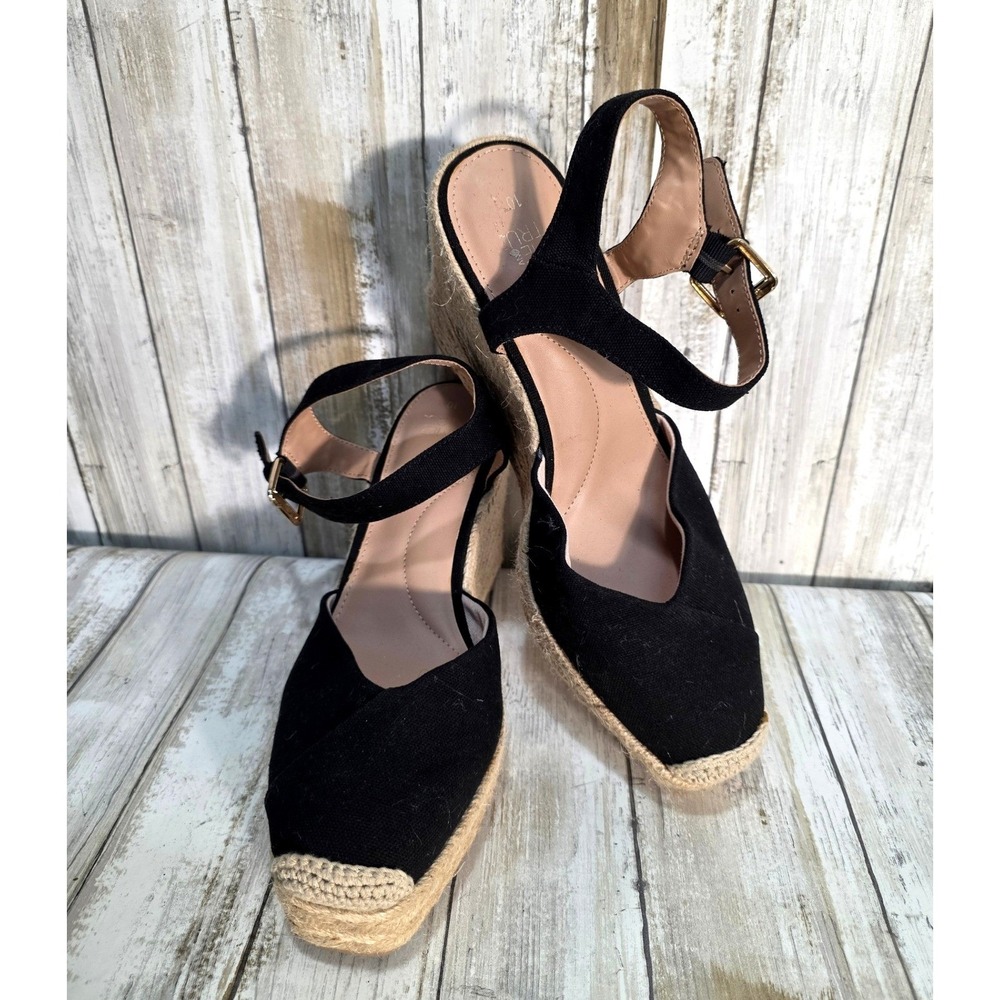 Time and Tru Black Espadrille Wedge Sandals Ankle Strap Square Toe Women Size 10 - Picture 2 of 7